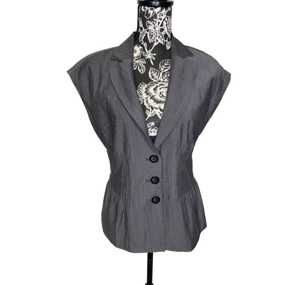 Alyx Gray Career Office Sleeveless Blazer Jacket Button Front Peplum Top Work